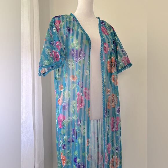 Vintage ‘80s Lady Cameo Dallas Teal Floral Print Sheer Maxi Duster Robe - Picture 4 of 10